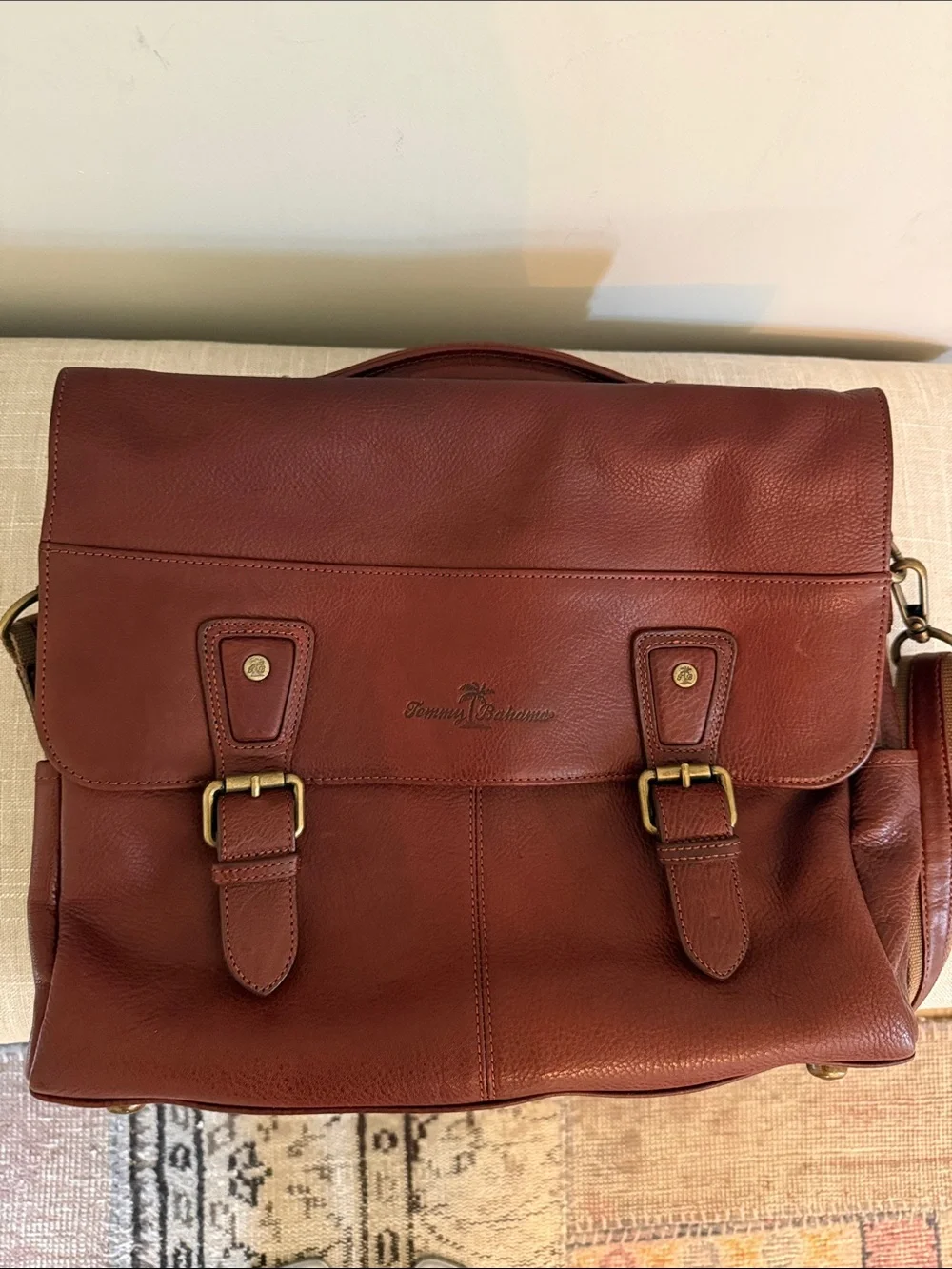 Tommy Bahama Red Leather Briefcase / Messenger Bag with Brass Buckles